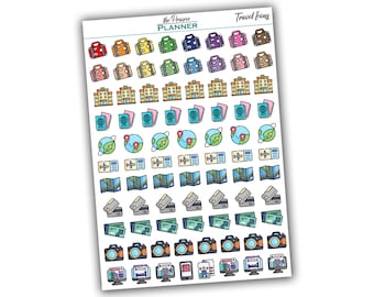 May include: A sheet of colorful travel themed stickers. The stickers feature images of suitcases, hotels, passports, globes, maps, credit cards, cameras, and computers. The stickers are perfect for planners, journals, and laptops.