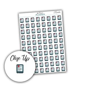 Könnte beinhalten: Bogen mit Planer-Aufklebern mit einem sich wiederholenden Muster aus teal E-Readern mit roten Lesezeichen. Die Wörter "The Prairie Planner" und "E Reader" sind auf dem Bogen aufgedruckt. Ein runder Aufkleber mit einer Nahaufnahme eines E-Readers befindet sich im Vordergrund.