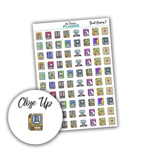 May include: A sheet of colourful book genre stickers with a close-up of a single sticker showing a book with a column on the cover. The sheet has the text "The Prairie Planner Book Genres 2" at the top.