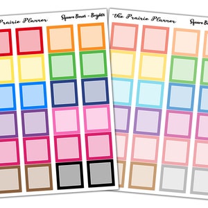 May include: Two sheets of colourful square stickers with white borders. The first sheet has bright colours like red, orange, yellow, green, blue, purple, pink, brown, grey, and black. The second sheet has pastel colours like peach, yellow, light blue, light purple, pink, light brown, and grey. The text "The Prairie Planner" and "Square Boxes" is printed at the top of each sheet.