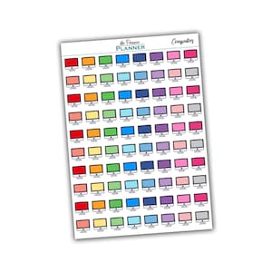 May include: A sheet of colourful computer monitor stickers. The stickers are arranged in rows of 7, with each row featuring a different colour. The colours are red, orange, yellow, green, blue, purple, and pink. The stickers are all the same size and shape, and they feature a simple outline of a computer monitor.