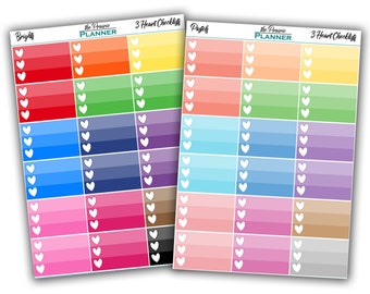 Op de afbeelding: Twee vellen met kleurrijke 3 Heart Checklists planner stickers. Het eerste vel heeft felle kleuren zoals rood, oranje, groen, blauw en roze. Het tweede vel heeft pastelkleuren zoals perzik, lichtblauw en lavendel. Beide vellen hebben witte hartjes op elke checklist.