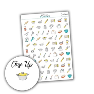 May include: A sheet of stickers featuring various kitchen tools and appliances, including pots, pans, mixers, and toasters. The stickers are in a colourful, hand-drawn style. A circular sticker with the words "Close Up" and a yellow pot is in the foreground.