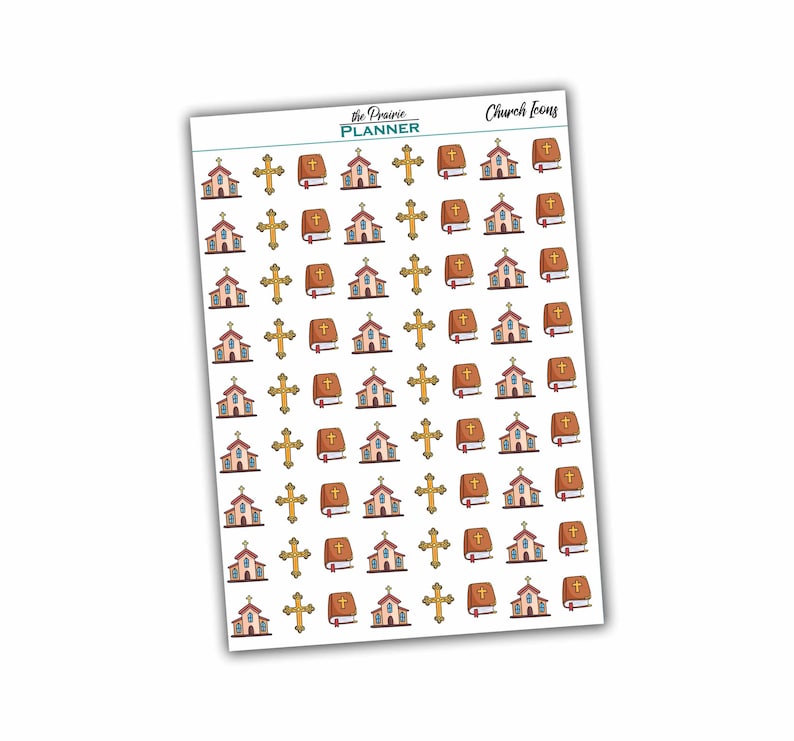 May include: A sheet of stickers with various church-themed icons. The icons include a church building, a cross, and a closed book. The stickers are on a white background.