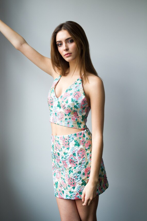 metallic two piece dress Two-Piece Metallic Swirl Brocade Dress with Balloon Sleeve Jacket- 4889