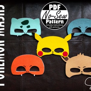 Pokemon Original No-Sew Mask Patterns | Pikachu, Charmander, Squirtle, Bulbasaur, Eevee, Pokemon Party Favor, Gift for Kid, Pokemon Birthday image 1