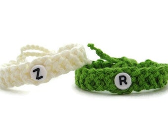 Twin ID Bracelets 2 pcs with Initial / Anklets Monogram From Organic Cotton / Choose Color