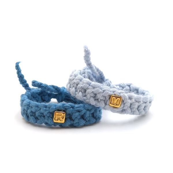 Twin ID Bracelets Newborn / Twin ID Anklet From Organic Cotton / Gold Square Beads /  2pcs