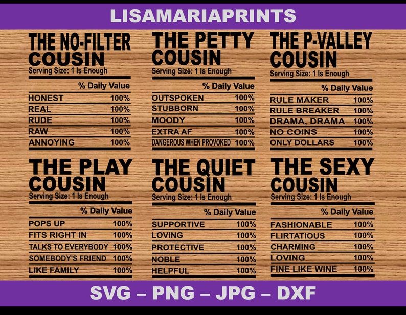 Cousin Nutrition Facts Bundle 24 Total SVG Jpg PNG UPDATED Etsy