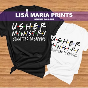 Puede incluir: Dos camisetas con el texto "USHER MINISTRY COMMITTED TO SERVING" en una fuente estilizada con puntos de colores. El texto está en blanco y negro.