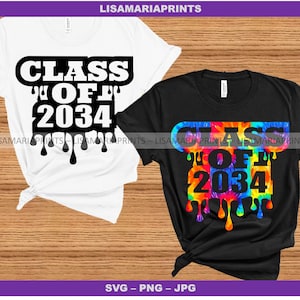 May include: Two t-shirts with the text "Class of 2034" in black dripping paint. One t-shirt is white with black text, the other is black with rainbow tie-dye behind the text.