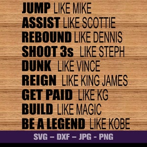 May include: A wood-grain background with black text that reads "JUMP LIKE MIKE ASSIST LIKE SCOTTIE REBOUND LIKE DENNIS SHOOT 3S LIKE STEPH DUNK LIKE VINCE REIGN LIKE KING JAMES GET PAID LIKE KG BUILD LIKE MAGIC BE A LEGEND LIKE KOBE SVG - DXF - JPG - PNG".