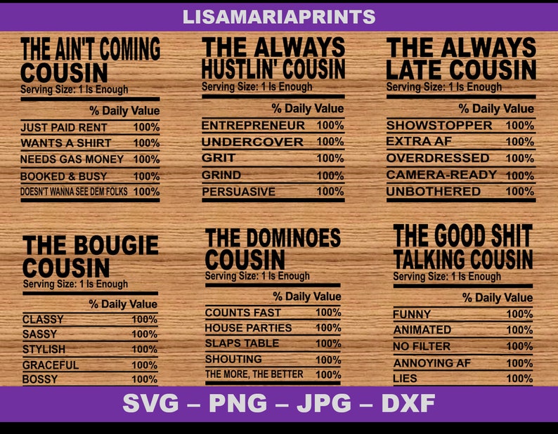 Cousin Nutrition Facts Bundle 20 total SVG JPG PNG Etsy