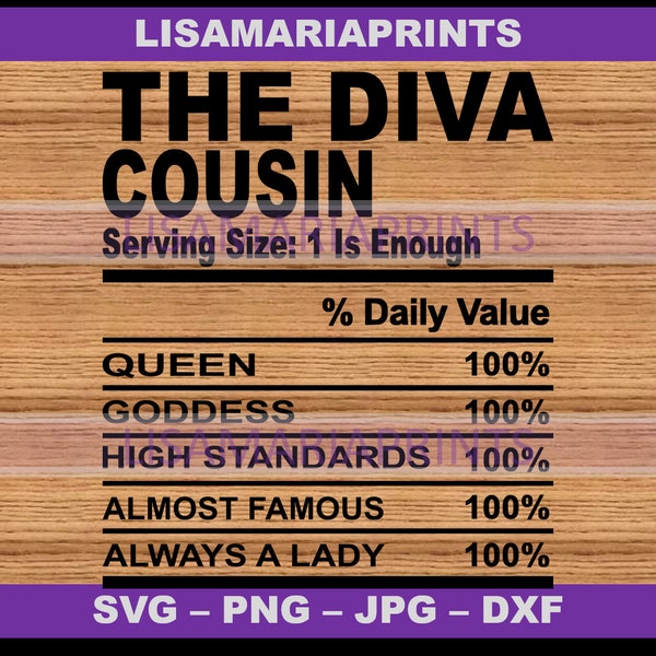 The Diva Cousin Nutrition Facts SVG JPG PNG - Instant Digital Download - No Physical Product Will Be Sent