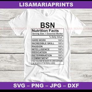 May include: A white t-shirt with a black graphic that reads "BSN Nutrition Facts" and lists essential worker qualities with a 100% daily value for each. The text at the bottom reads "*Daily value may be higher or lower depending on the needs of the people I serve."