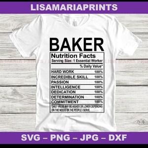 May include: A white t-shirt with a black graphic that reads "BAKER" and lists "Nutrition Facts" with a serving size of "1 Essential Worker". The graphic lists qualities such as "Hard Work", "Incredible Skill", "Passion", "Intelligence", "Dedication", "Determination", and "Commitment", all with a 100% daily value.