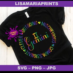 May include: A black t-shirt with a rainbow circle design featuring the zodiac sign Gemini and the words "Clever", "Outgoing", "Compassionate", "Mischevious".