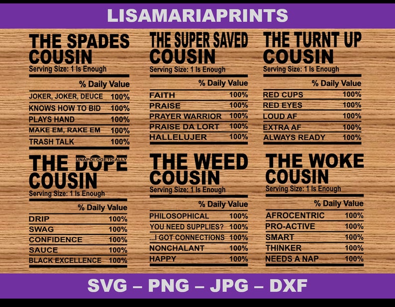 Cousin Nutrition Facts Bundle (24 Total) SVG Jpg PNG - UPDATED 10.29.20 ...