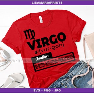 Op de afbeelding: Rood T-shirt met een zwart sterrenbeeld Maagd en de uitspraak "vur-goh" tussen haakjes. De tekst "Qualities" staat in een zwart rechthoek met de woorden "Go-getter-Intellectual-Problem Solver" erin.