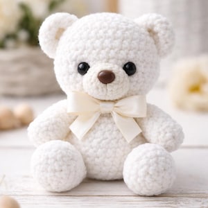 Puede incluir: Un oso de peluche blanco hecho a mano con ojos negros y nariz marrón. El oso tiene un lazo color crema y está sentado sobre una superficie de madera blanca. Los brazos y las piernas del oso son redondeados.