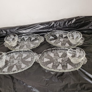 Vintage Anchor Hocking 8 Piece Glass Snack Set - Features Grapes & Leaves