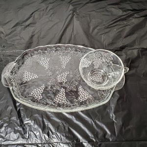 Vintage Anchor Hocking 2 Pieces Serva-Snack Set-Clear Glass Grape Plate & Cup Set