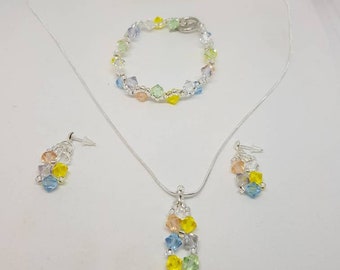 Pastel coloured swarovski crystal bicone necklace bracelet and earrings to match