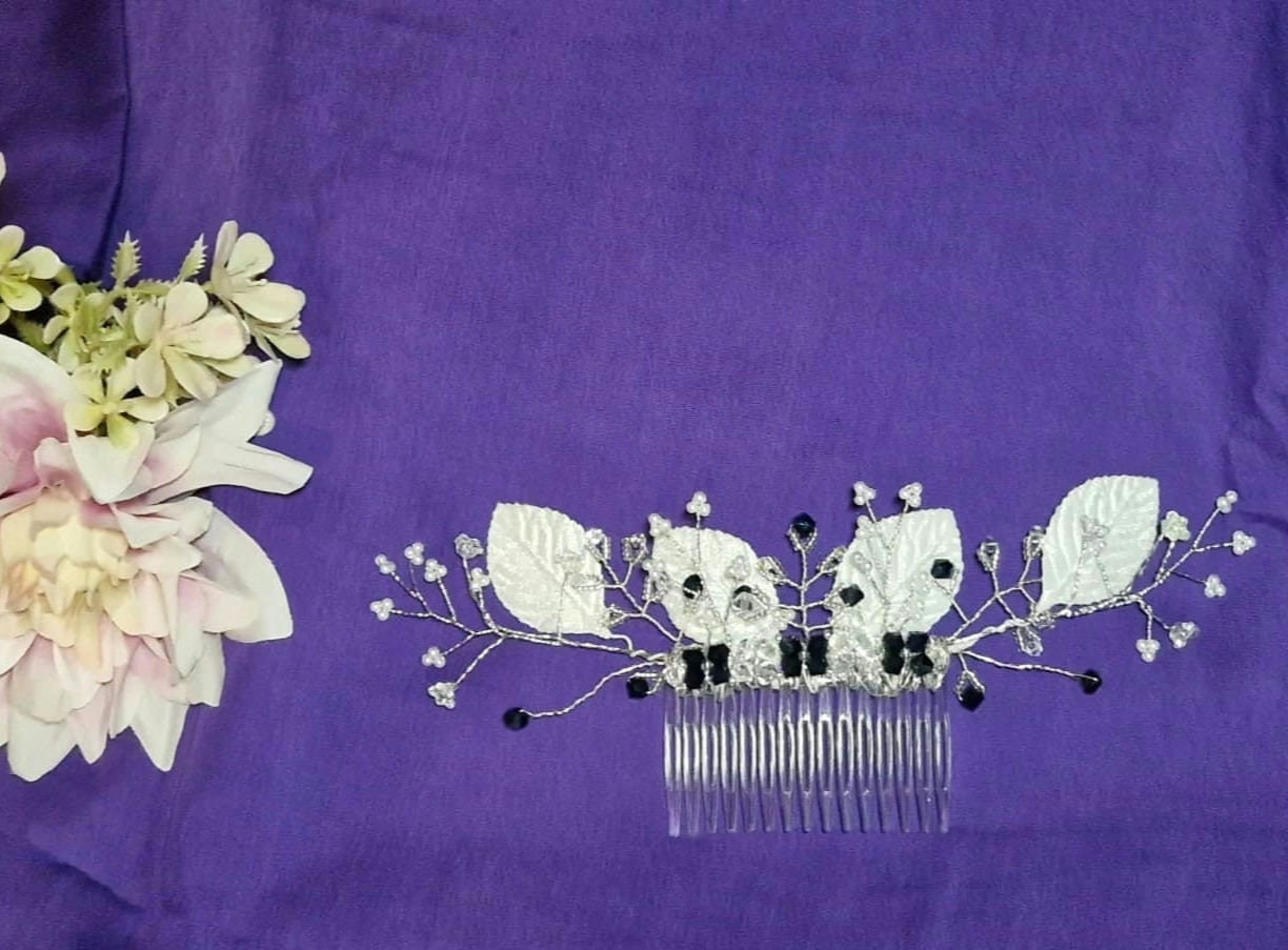 Decorative hair comb with pearl glass beads and dark indigo swarovski crystal bicones