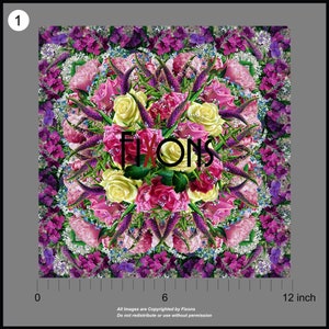 May include: A symmetrical floral design featuring a variety of pink, white, and yellow roses, surrounded by purple and blue flowers. The design is centered on a bouquet of roses with the word "FIONS" in black text.
