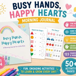 May include: A spiral-bound journal titled "Busy Hands, Happy Hearts" with a rainbow illustration. The cover text is in blue and pink. Additional pages show shape and counting activities. Includes text: "Ages 2-4" and "50+ Activity Pages!"