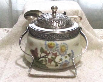 Victorian Jam Jar with Spoon,  Marked Mark & Gutherz Carlsbad, Porcelain, Wedding Gift, Tableware Setting, measurements 4.5" x 4.25"