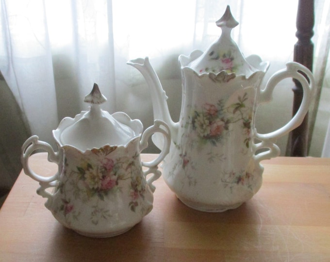 Vintage Teapot and Sugar, Unmarked R.S. Prussia, Tea Set, Floral Decor, Tea Party, Wedding Gift