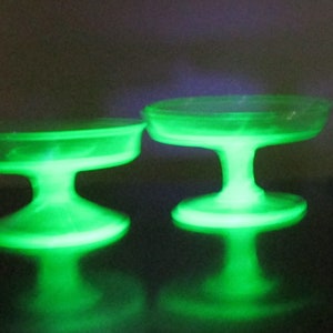 Two Compote's, Green Depression Glassware, Candy Dishes, Vaseline Glassware, Home Decor, Wedding Gift image 3