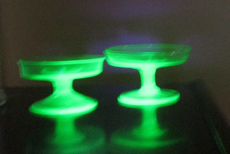 Two Compote's, Green Depression Glassware, Candy Dishes, Vaseline Glassware, Home Decor, Wedding Gift image 3