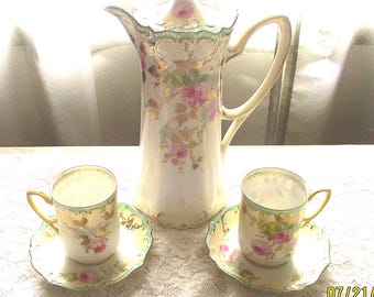 R.S. Prussia Chocolate Pot with 2 Matching Cups and Saucers, Table Setting, Serving Set