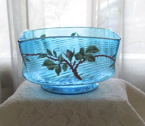 Vintage Blue Art Glass Bowl, Ribbed Swirl, Enamel Roses