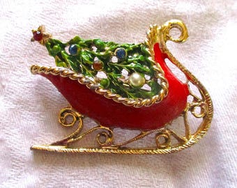 Vintage Christmas Brooch, Red Sleigh, Christmas Tree, Red Sleigh, Bling, Rhinestones