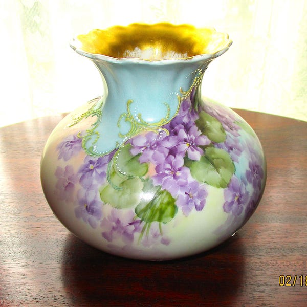 J. P. L. France, Limoges France, Floral Vase, Blue And White Background, Hand Painted Violet Floral Decor, Artist Signed J. K. Flynn