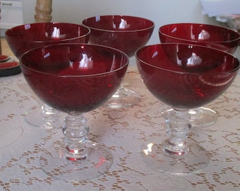 Ruby Red Dessert Glasses, Art Deco Stem, Morgantown Glass (Set of 5)