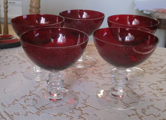 Ruby Red Dessert Glasses, Art Deco Stem, Morgantown Glass (Set of 5)