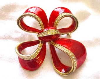 Vintage Christmas Brooch, Red Ribbon, Holiday Decor, Bling, Dress Accessories, Arts & Crafts