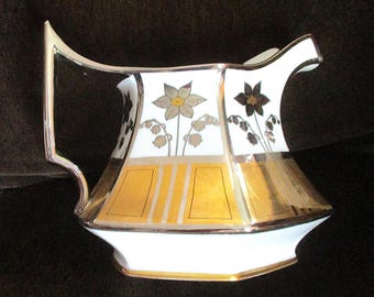 Antique Stouffer Studios Pitcher, Lily of the Valley, Gold Platinum Decor