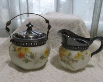 Vintage Smith Brothers Creamer & Sugar Set, Floral Decor, Silverplate Lid