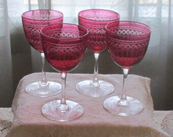 Cranberry Cut to Clear Wine Stems, Diamond Design, Set of 4