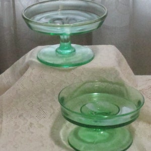 Two Compote's, Green Depression Glassware, Candy Dishes, Vaseline Glassware, Home Decor, Wedding Gift image 2