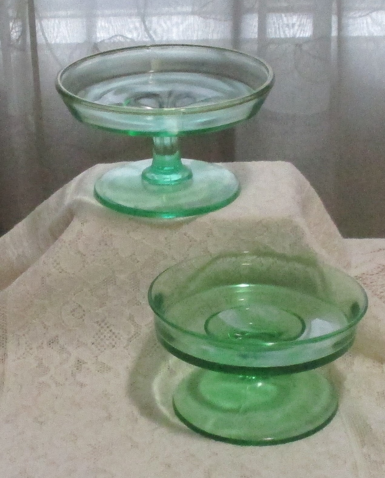 Two Compote's, Green Depression Glassware, Candy Dishes, Vaseline Glassware, Home Decor, Wedding Gift image 2