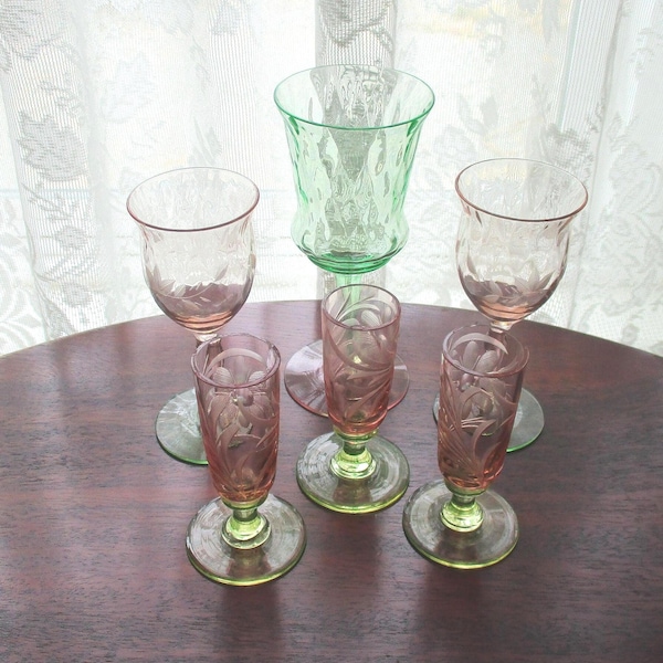 6 Assorted Tiffin Glassware, Pink & Uranium, Etched Glassware, Watermelon Glasses, Stemware