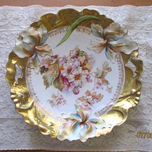 R.S. Prussia Cake Plate (unmarked), Porcelain Cake Plate, Iris Mold, Heavy Gold, Home Decor