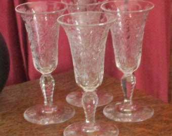 Hawkes Glass, 4 Cordial Stems Signed Hawkes, American Brilliant Cut, Rococo & Floral Design, Engraved Foot, Elegant Table wear, Wedding Gift