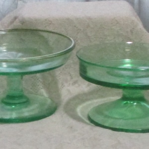 Two Compote's, Green Depression Glassware, Candy Dishes, Vaseline Glassware, Home Decor, Wedding Gift image 1